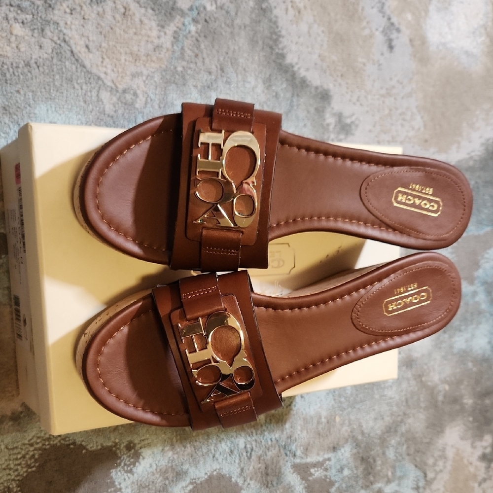 Coach Brown Leather Logo Cork Wedge Slide Sandals with Gold Hardware - Picture 10 of 10